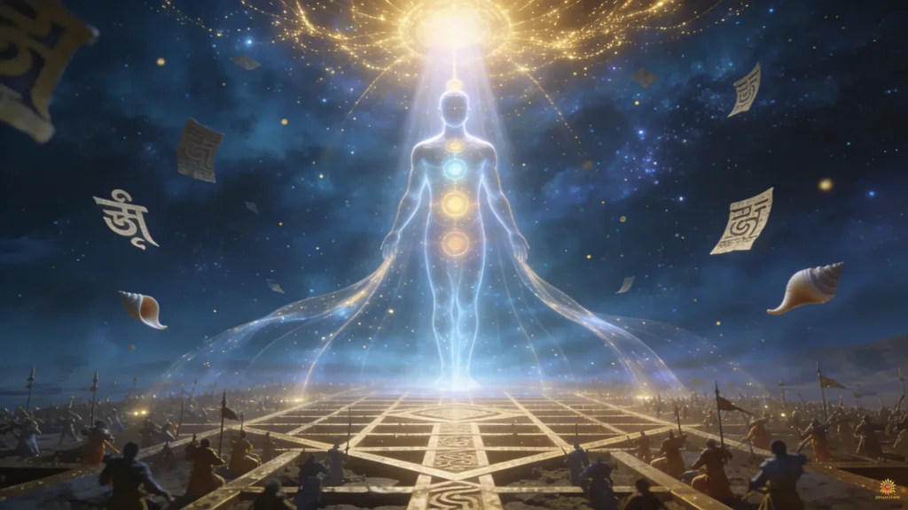 Bhagavad Gita Summary 1.15 cosmic visualization of consciousness guiding action through divine energy flow and symbolic alignment.