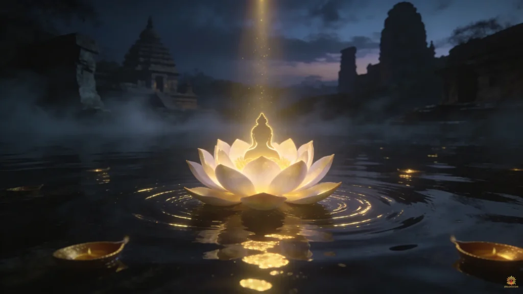 Bhagavad Gita Summary 1.15 glowing lotus with divine light symbolizing awakening of inner consciousness and spiritual alignment