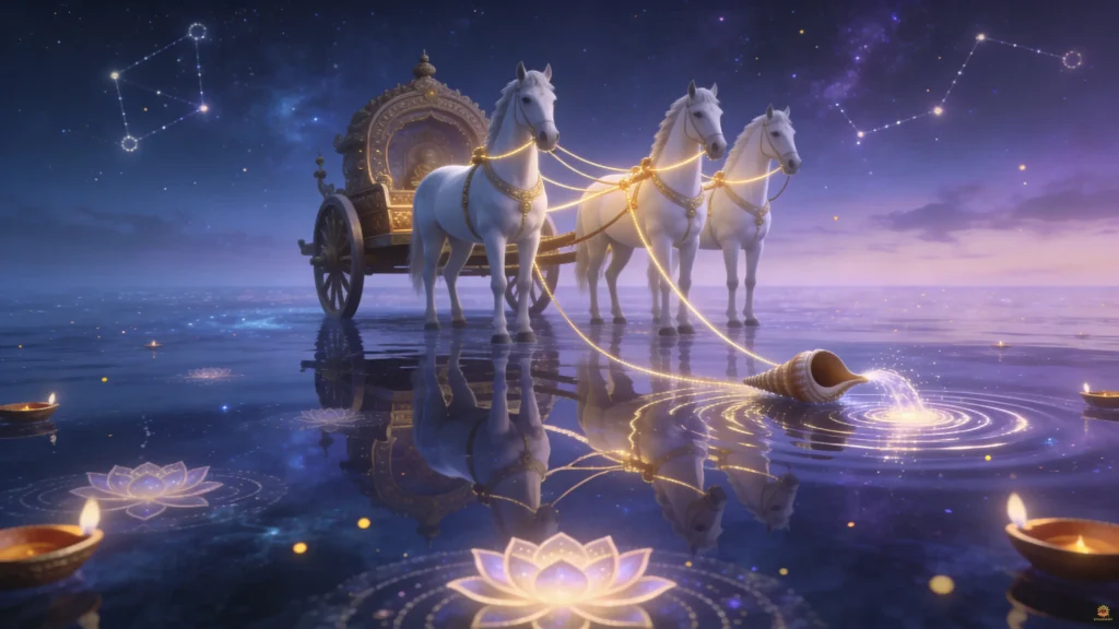 Bhagavad Gita Summary 1.14 showing divine chariot on cosmic water symbolizing spiritual alignment