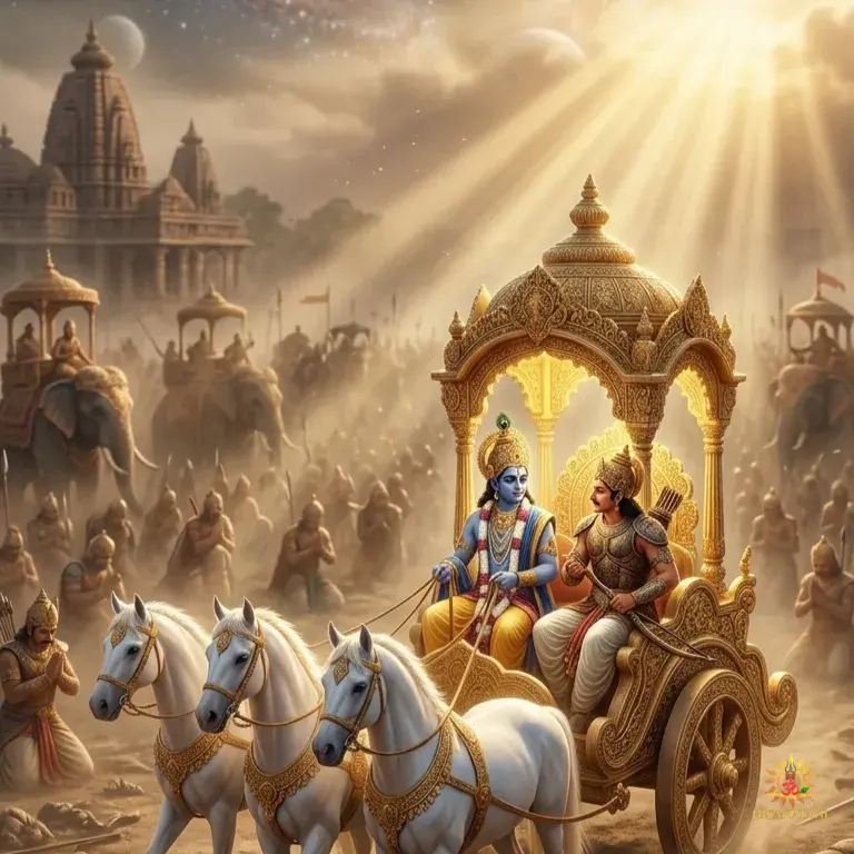 Bhagavad Gita Hero image Shri Krishna and arjuna in chariot in Kurukshetra battlefield before war