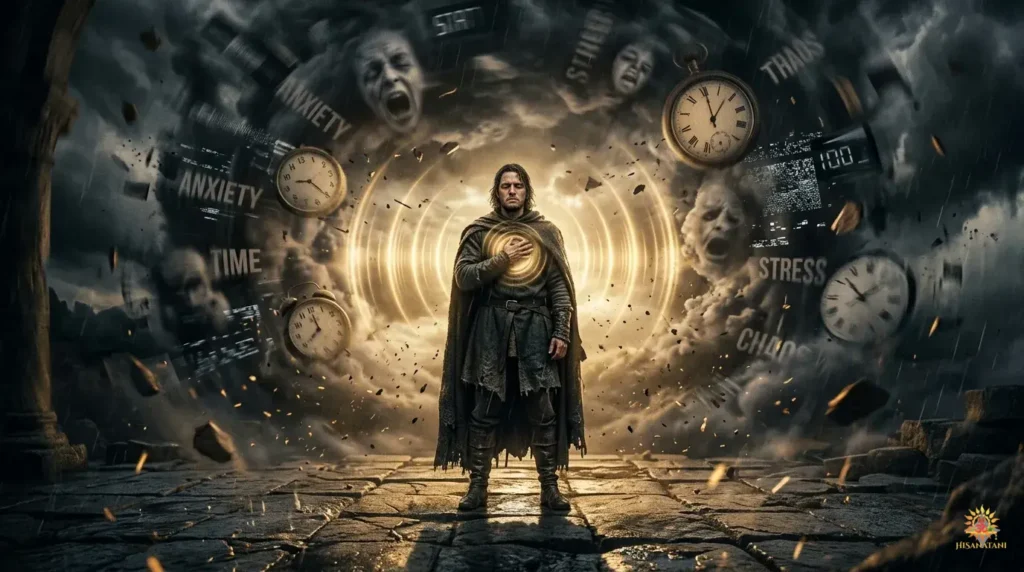 Bhagavad Gita Summary 1.15 symbolic figure calming inner storm with golden energy waves representing emotional control.