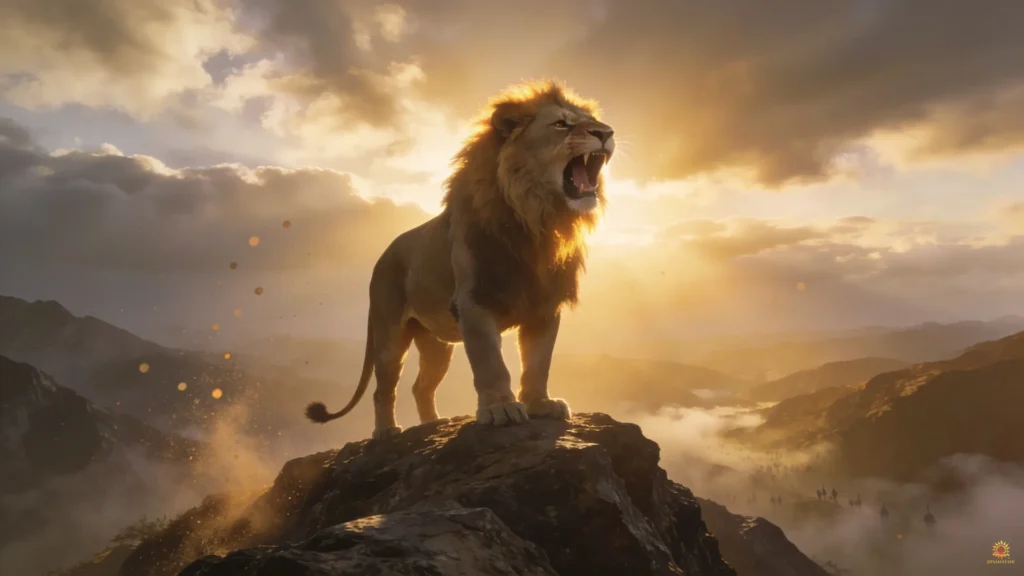 Bhagavad Gita Summary 1.15 symbolic lion standing on a mountain peak representing inner strength and self-defined clarity.