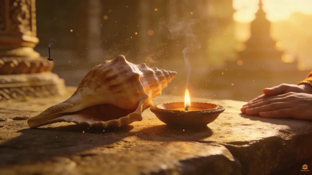 Bhagavad Gita Summary 1.15 conch and diya ritual scene symbolizing daily practice of inner alignment and clarity.