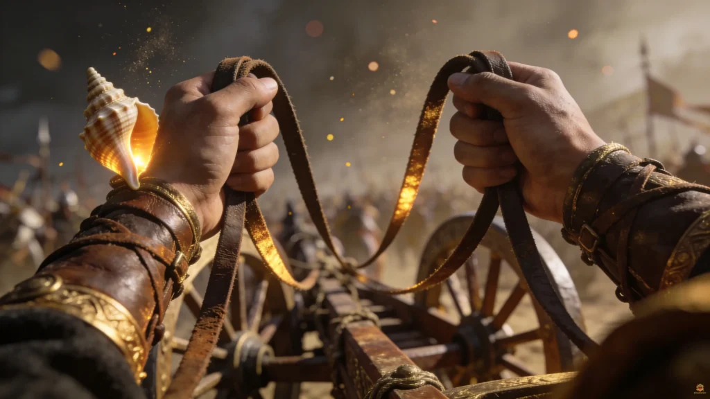 Bhagavad Gita Summary 1.14 showing hands holding reins symbolizing control and mindful action