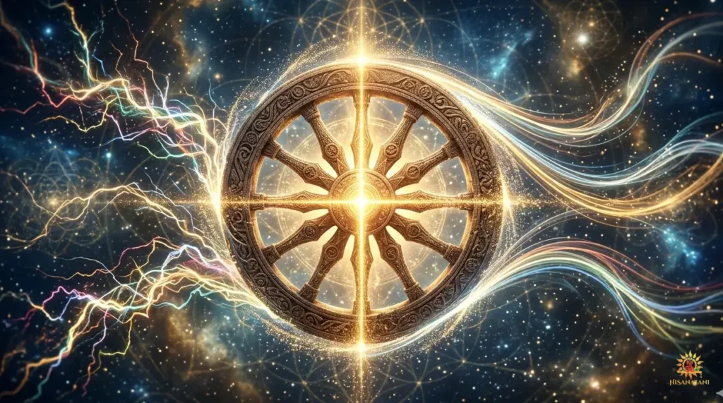 Bhagavad Gita Summary 1.14 depicted as cosmic chariot wheel symbolizing controlled senses and divine alignment