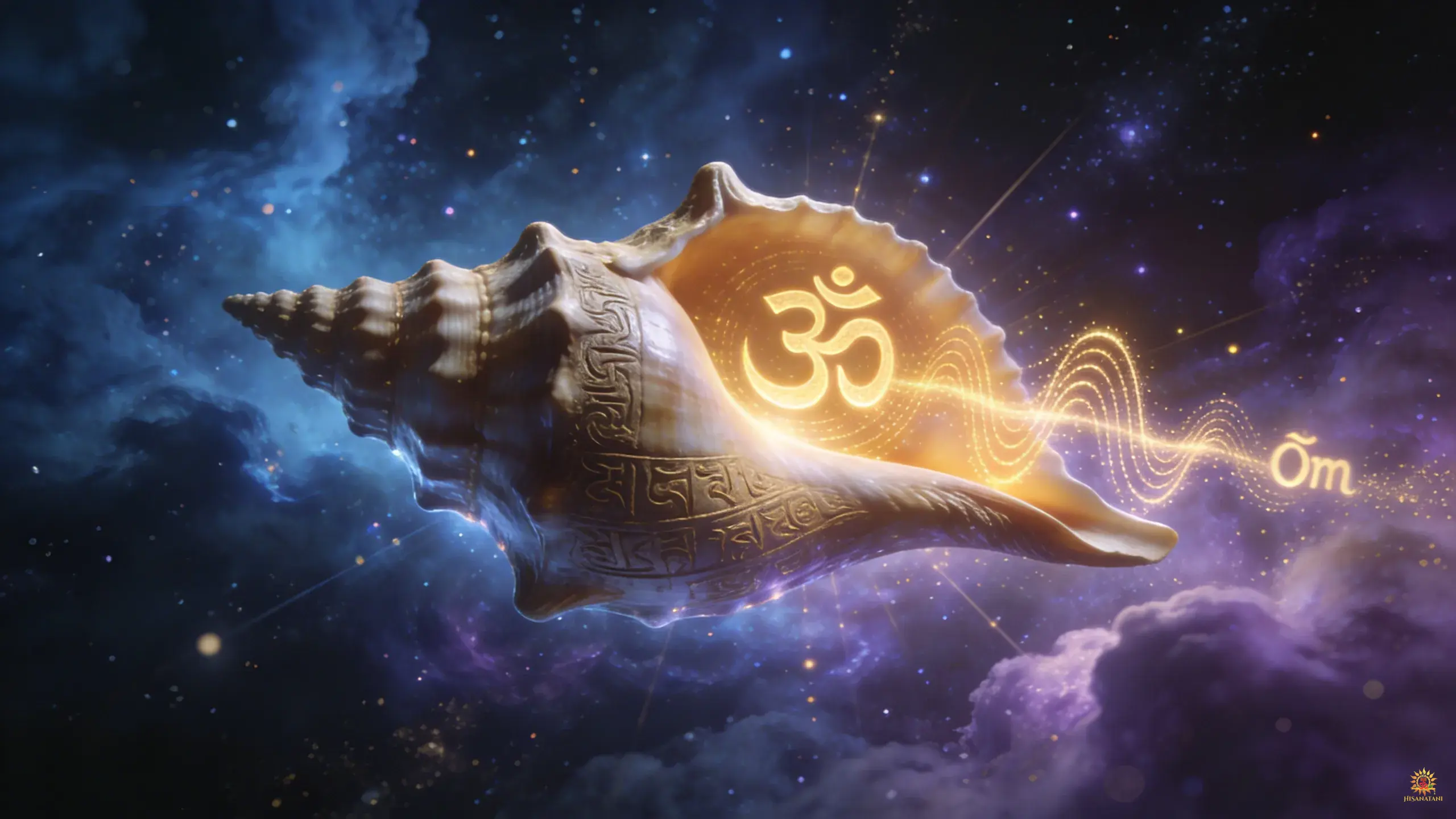 Bhagavad Gita Summary 1.16 divine conch emitting cosmic vibrations symbolizing spiritual awakening and Om energy