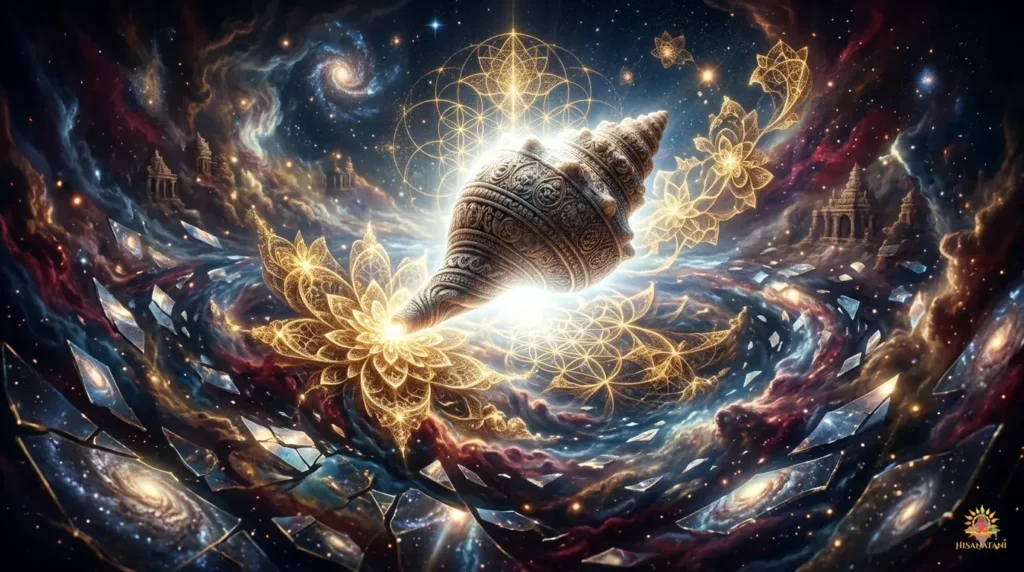 Metaphysical golden fractals emerging from a conch, representing the eternal logic in Bhagavad Gita Summary 1.16.