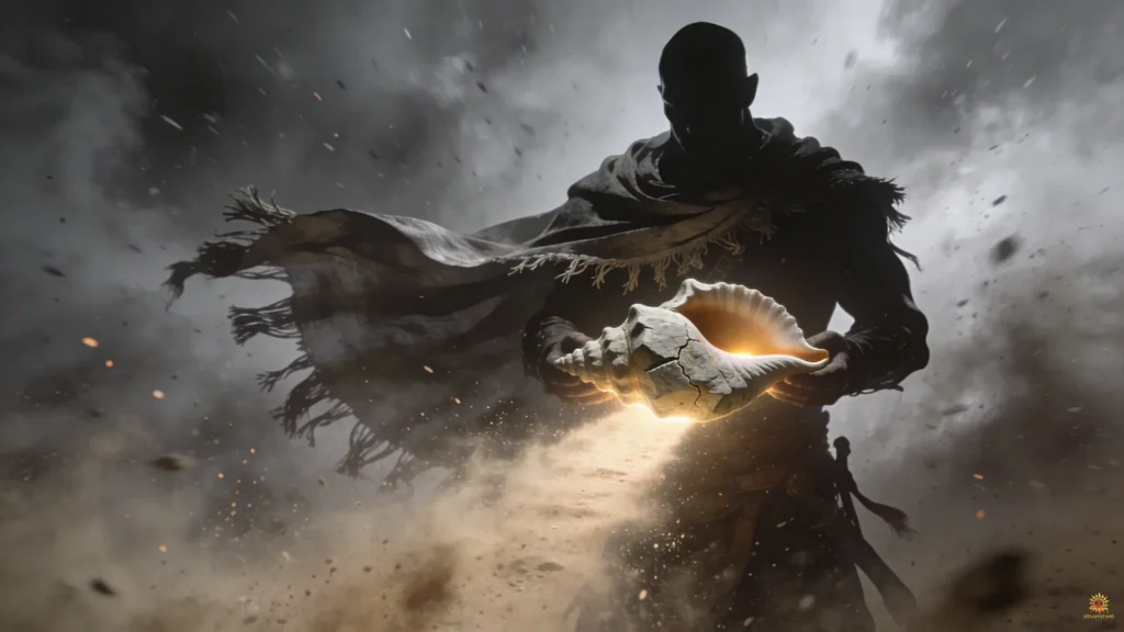 A warrior standing still in a storm, symbolizing the mental focus taught in Bhagavad Gita Summary 1.16.