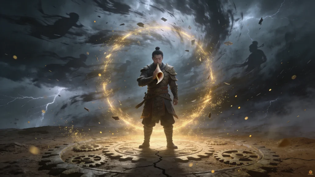 Bhagavad Gita Summary 1.14 showing warrior centered in storm symbolizing emotional control and clarity