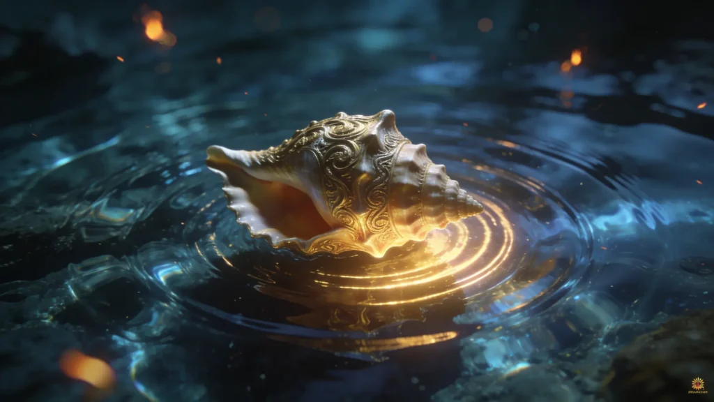 A symbolic conch shell creating ripples in water, illustrating the simple power of Bhagavad Gita Summary 1.16