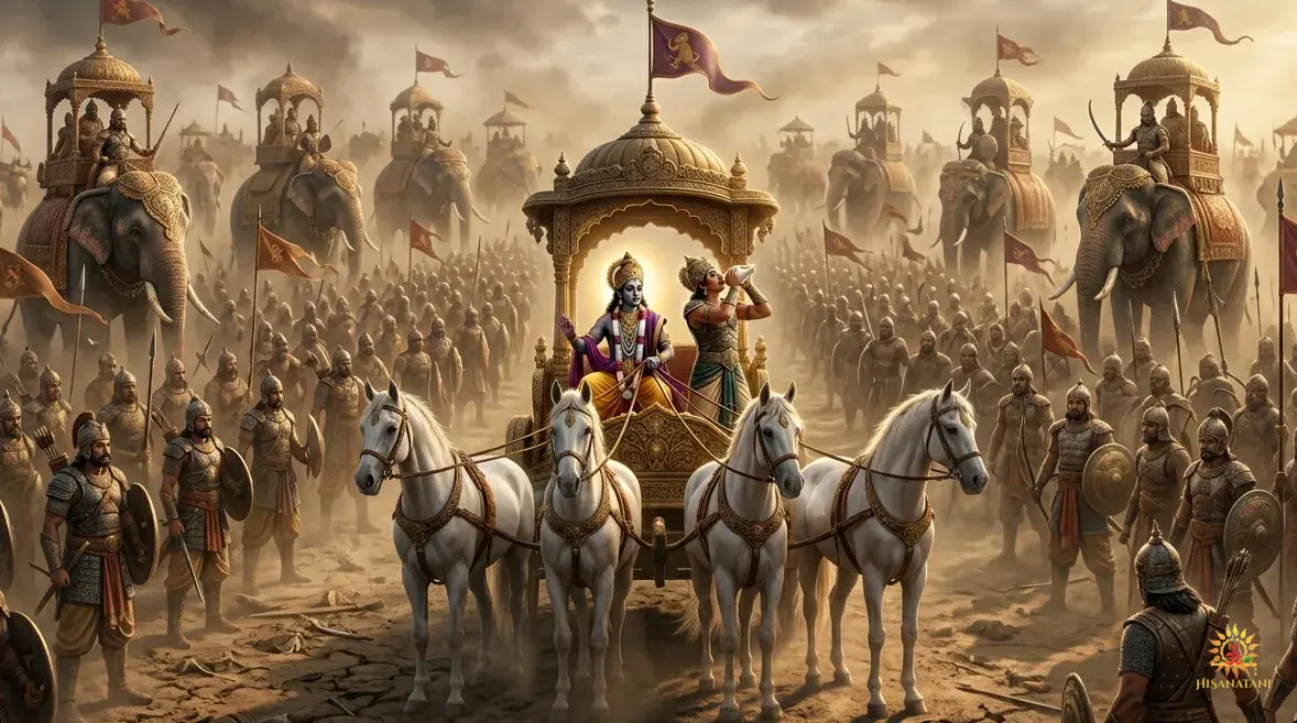 Bhagavad Gita Summary 1.14 depicting Kurukshetra battlefield with Krishna and Arjuna blowing conches