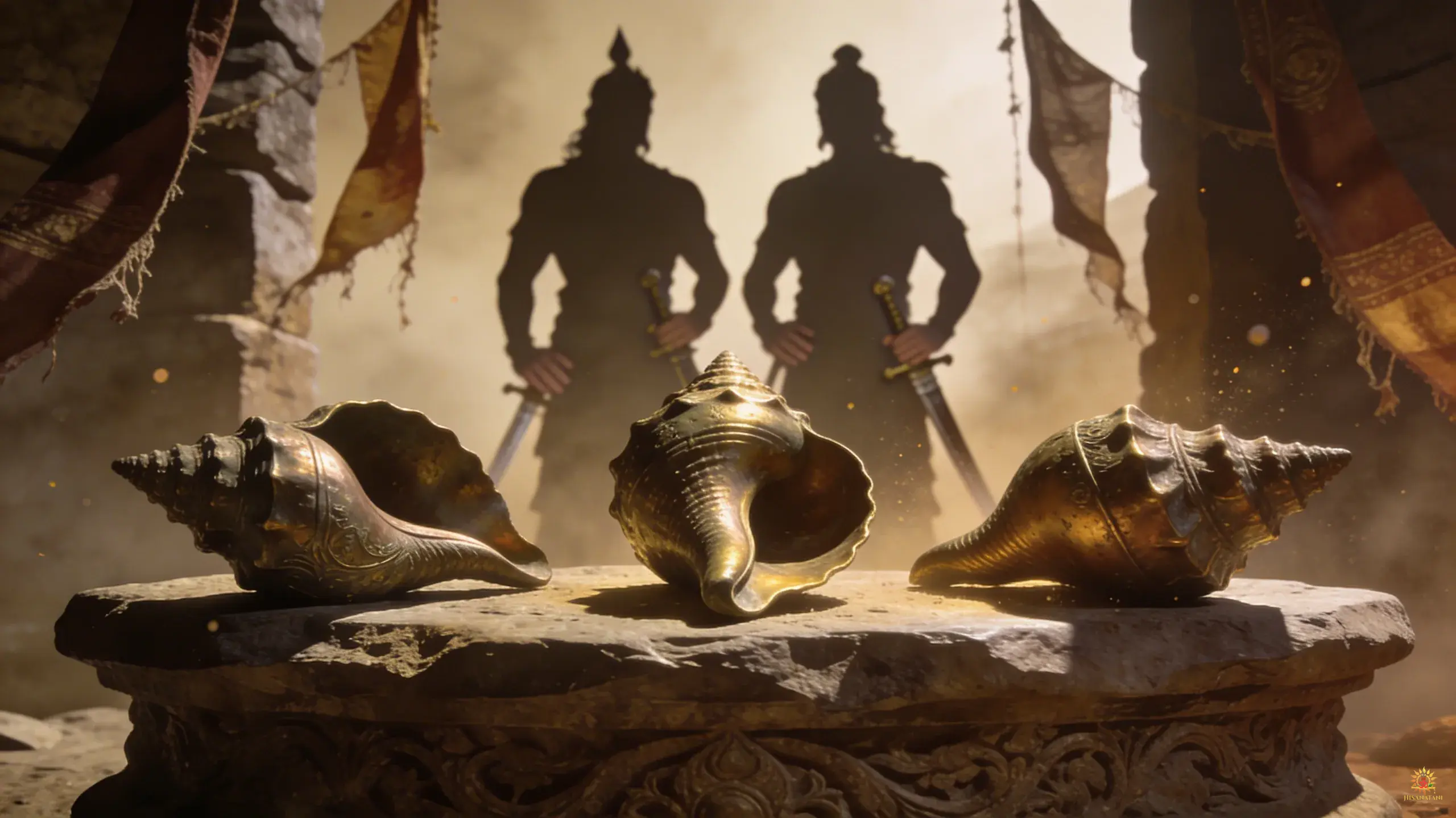 Ancient bronze conch shells and warriors on the battlefield, reflecting the history of Bhagavad Gita Summary 1.16.