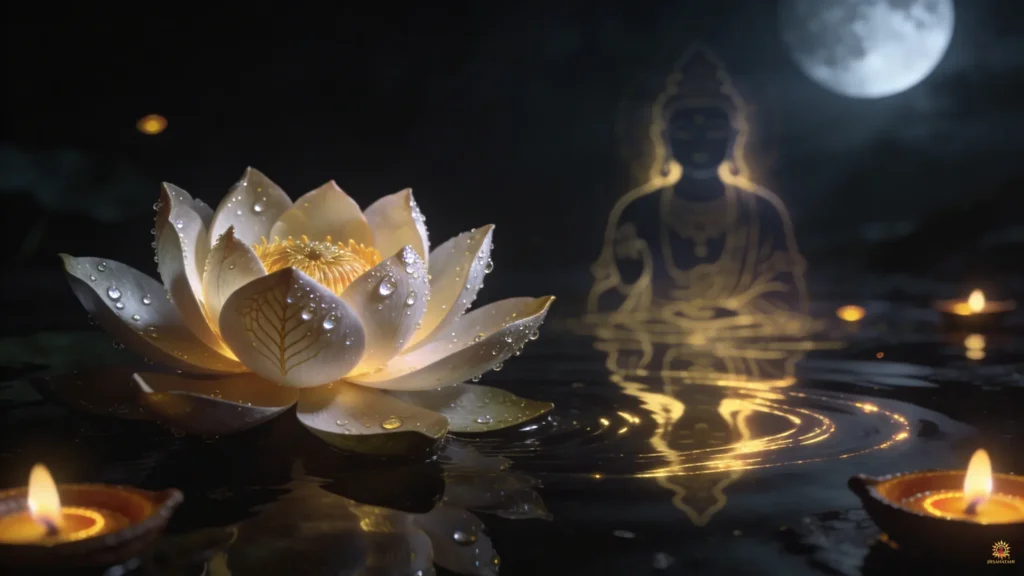 Bhagavad Gita Summary 1.17 spiritual meaning showing lotus blooming with divine reflection in still water