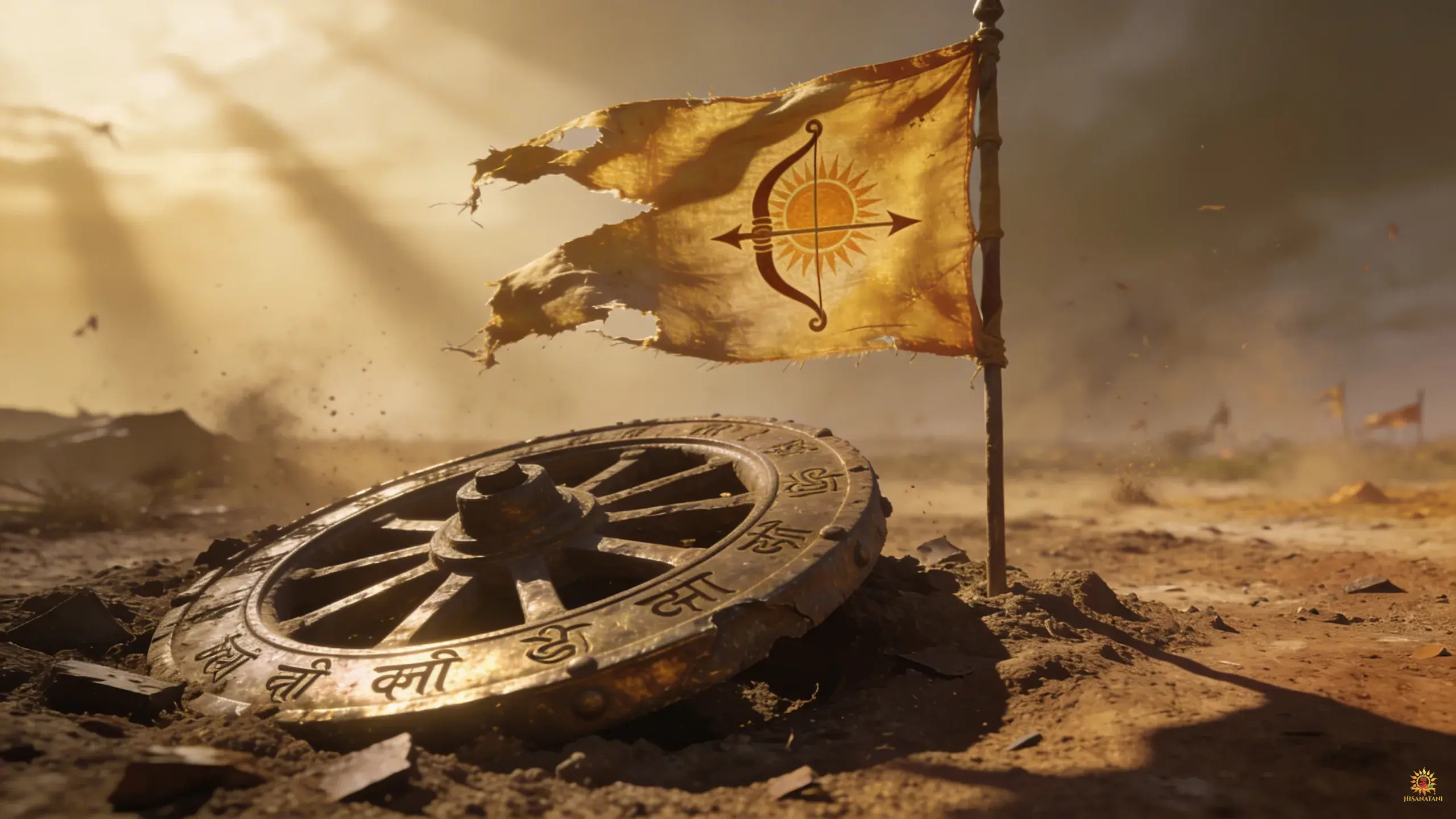 A fragmented, weathered bronze chariot wheel and tattered Kashi kingdom banner on dusty ground, providing a historical context to the warriors in Bhagavad Gita Summary 1.17.