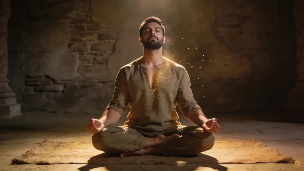 A focused modern seeker meditating with clear resolve, practicing the 'Breath of the Hero' ritual from the 24-hour Bhagavad Gita Summary 1.17 challenge.