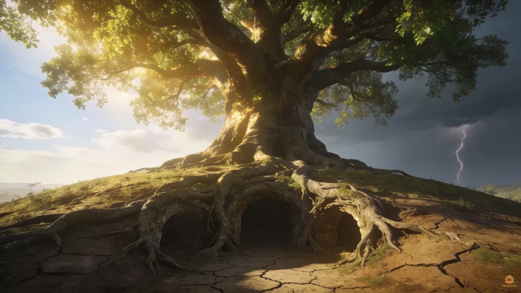 A strong, ancient banyan tree with deep roots, symbolizing the foundational safety and resilience taught in the Bhagavad Gita Summary 1.17.