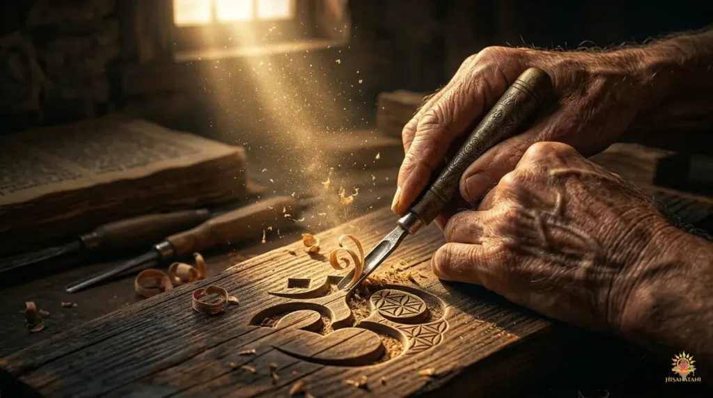 A hand carving with intention in bright sunlight, representing the practical challenge in Bhagavad Gita Summary 1.18.