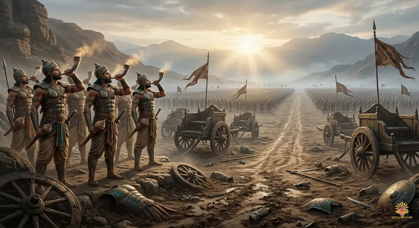 Bhagavad Gita Summary 1.18 realistic Kurukshetra battlefield with warriors blowing conchs before battle