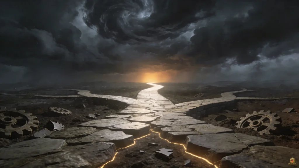 Bhagavad Gita Summary 1.18 symbolic path converging from chaos into clarity representing mental alignment