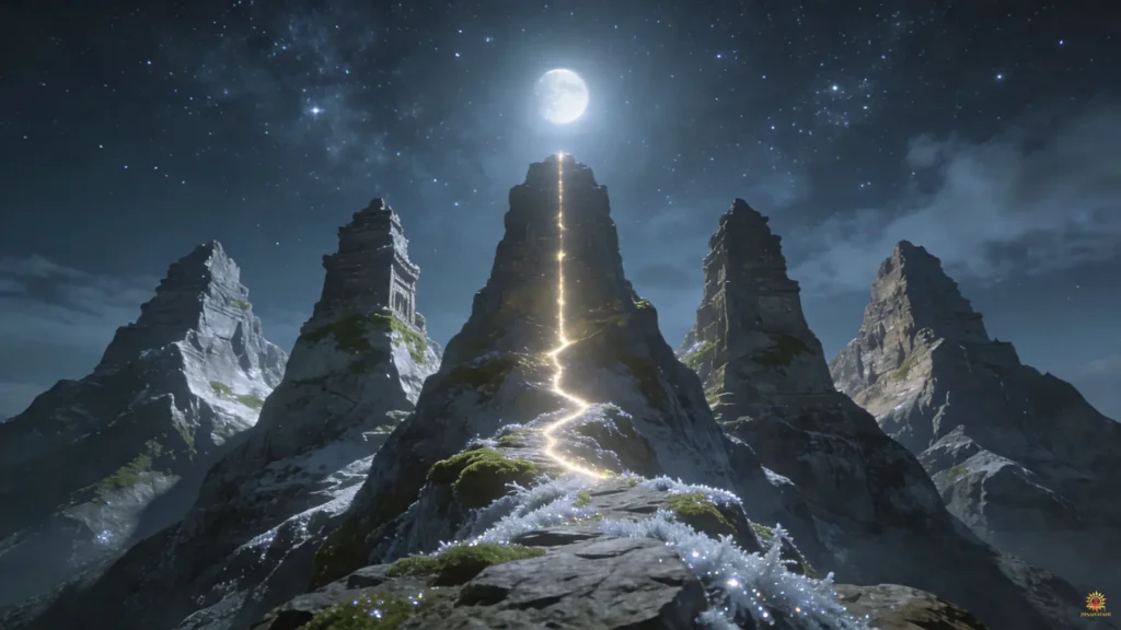 Five aligned mountain peaks under a starry sky symbolizing the collective strength found in Bhagavad Gita Summary 1.18.