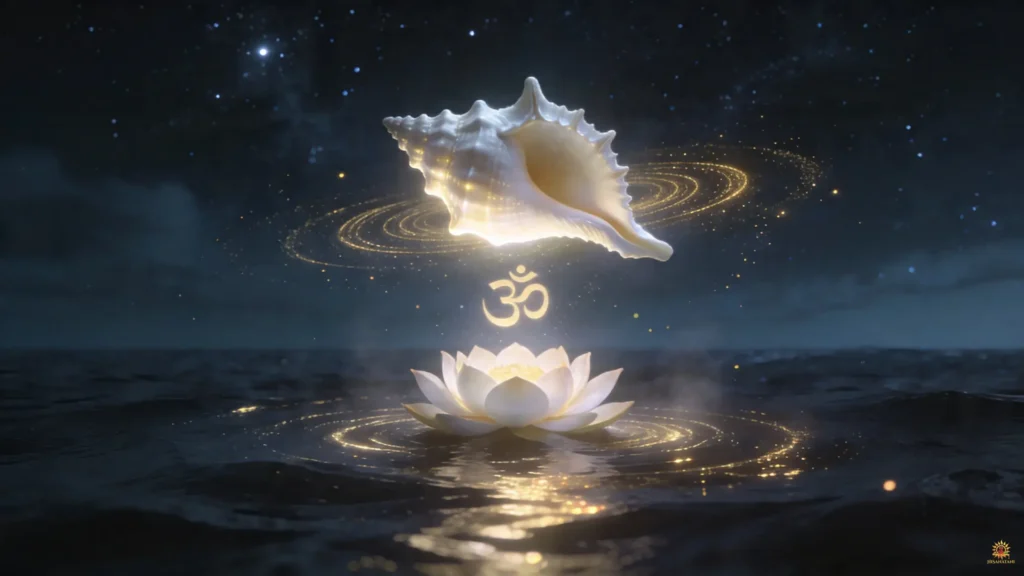 Bhagavad Gita 1.18 Summary divine conch emitting sacred vibrations over lotus symbolizing spiritual awakening