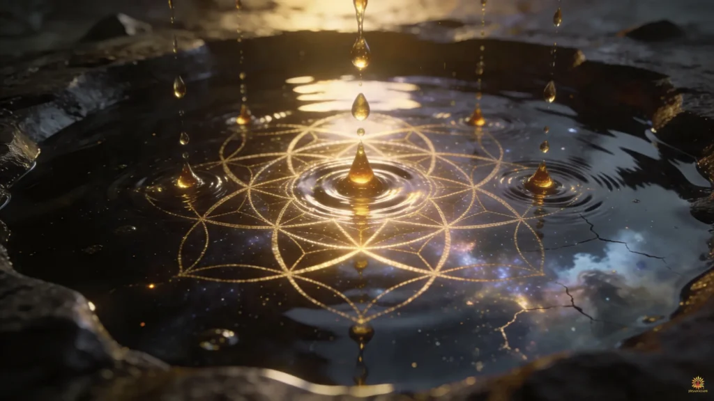 Interlocking ripples in dark water representing the metaphysical vibrations of Bhagavad Gita Summary 1.18.