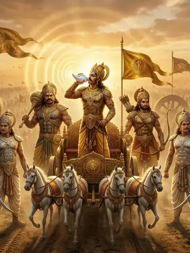 Bhagavad Gita Summary 1.16 warrior blowing conch with golden energy waves symbolizing awakening