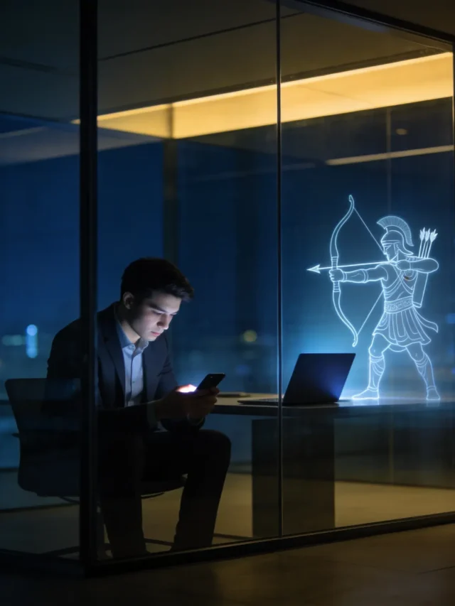 A modern professional sitting in a dark glass office at night, looking at a smartphone, with a glowing reflection of an ancient Indian warrior holding a bow appearing on the glass window.Gita 1.17
