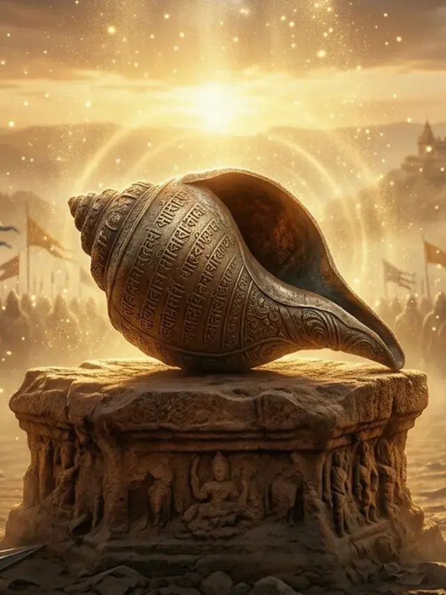 A sacred golden conch shell representing the divine signal in Bhagavad Gita Summary 1.14.