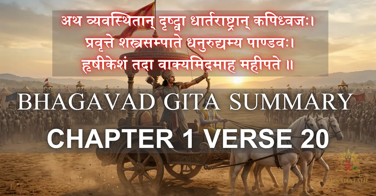 Arjuna raising Gandiva beside Krishna under the Hanuman flag on Kurukshetra battlefield at dawn, BhagavadArjuna raising Gandiva beside Krishna under the Hanuman flag on Kurukshetra battlefield at dawn, BhagArjuna raising Gandiva beside Krishna under the Hanuman flag on Kurukshetra battlefield at dawn, Bhagavad Gita Summary 1.20, Arjuna raises his bow, Kurukshetra inner battleavad Gita Summary 1.20, Arjuna raises his bow, Kurukshetra inner battle Gita Summary 1.20, Arjuna raises his bow, Kurukshetra inner battle