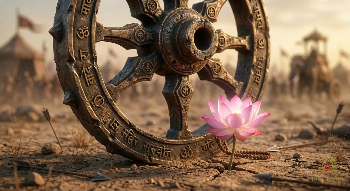 A bronze chariot wheel and a blooming lotus illustrating the historical shift in Bhagavad Gita 1.19 Summary .