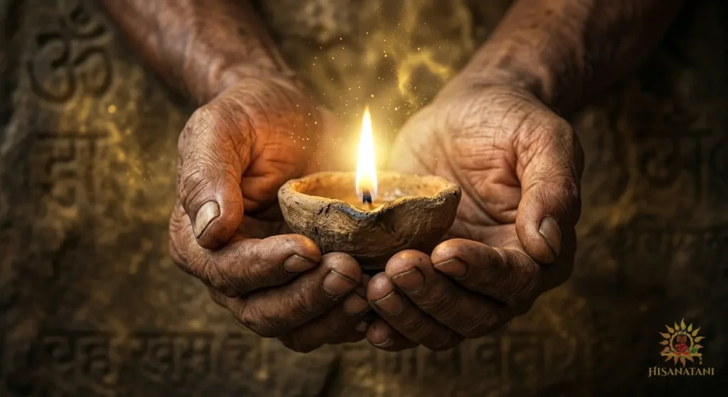Hands holding a bright diya flame, a practical application of Bhagavad Gita 1.19.Summary