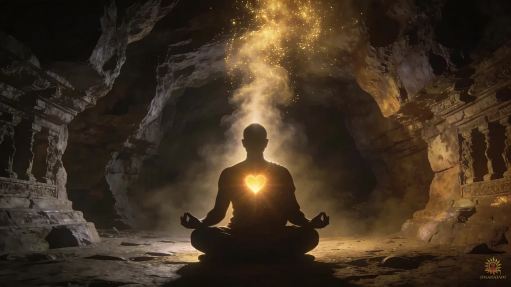 A spiritual seeker exhaling golden light, reflecting the inner power of Bhagavad Gita 1.19 Summary .