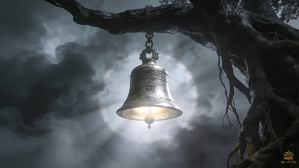 A glowing silver bell pushing back fog, symbolizing the clarity found in Bhagavad Gita 1.19 Summary .