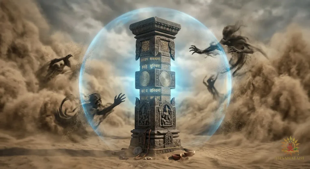 An immovable stone pillar in a storm symbolizing the mental strength in Bhagavad Gita 1.19 Summary .