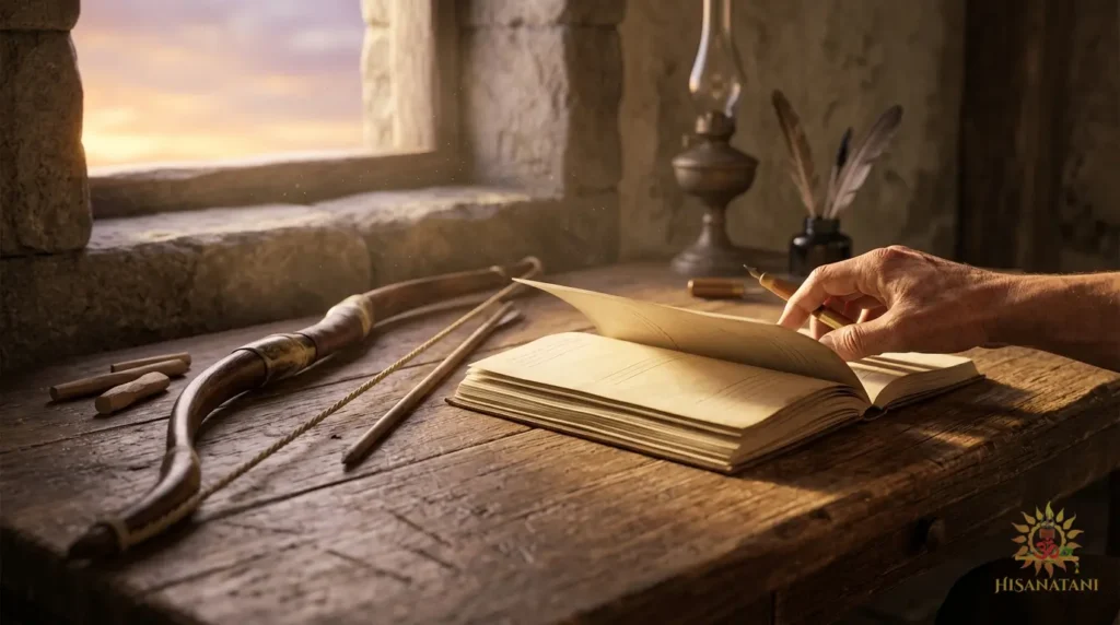 Hand opening a journal beside an ancient bow in dawn light through a stone window, Bhagavad Gita 1.20 Summary, Bhagavad Gita courage before action, Kurukshetra inner battle