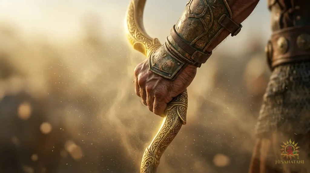 Trembling warrior hand gripping a weathered bow in battlefield dust at dawn, Bhagavad Gita  1.20 Summary, Bhagavad Gita courage before action, Bhagavad Gita anxiety lesson
