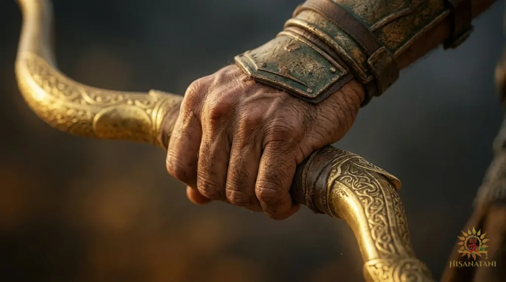 Macro close-up of a warrior's leather-wrapped bow grip, veins visible, Bhagavad Gita 1.20 Summary, Bhagavad Gita anxiety lesson, overcoming overthinking and anxiety 2026