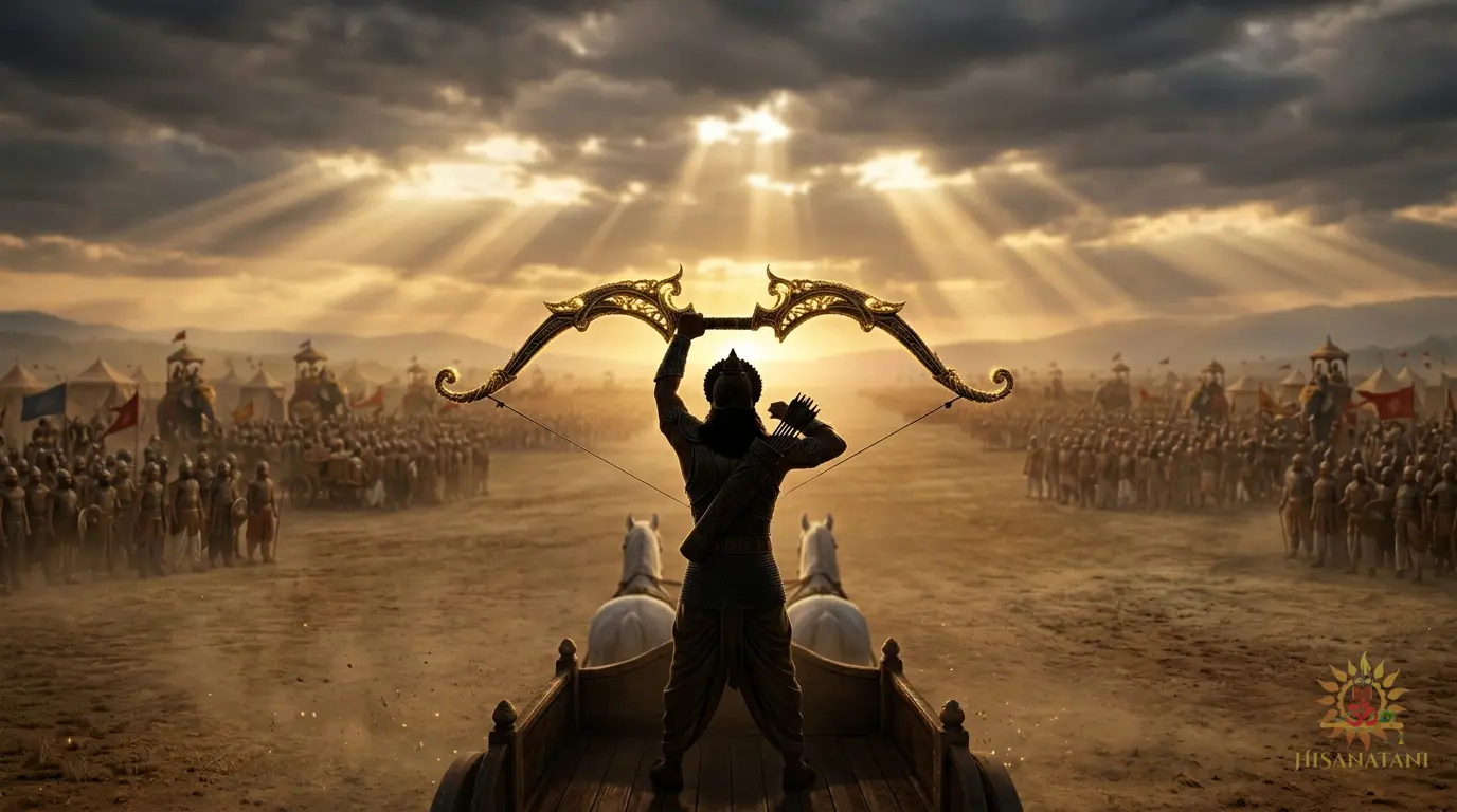 Silhouette of Arjuna raising the Gandiva bow against a twilight sky at Kurukshetra, Bhagavad Gita 1.20 Summary, overcoming overthinking and anxiety 2026