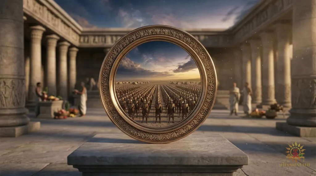 A polished bronze mirror in a temple courtyard reflecting ancient warriors in sharp clarity, Bhagavad Gita 1.20 Summary, Bhagavad Gita Chapter 1 Verse 20 Meaning