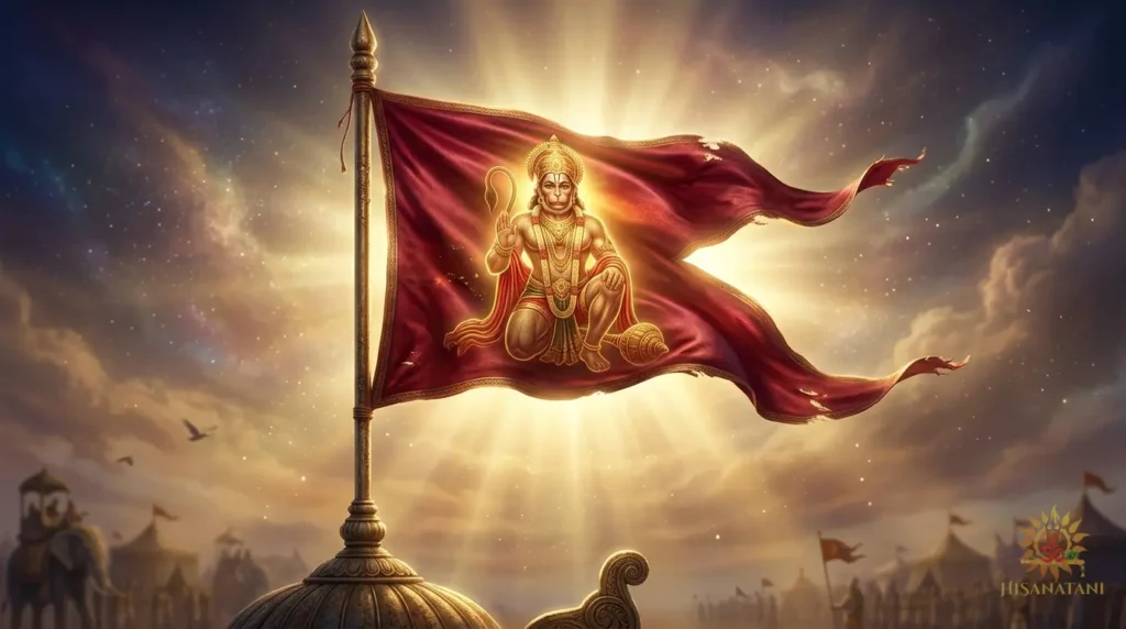 Sacred crimson Kapidhvaja war banner with glowing Hanuman insignia flying above a chariot mast, Bhagavad Gita  1.20 Summary, symbolism of Kapidhvaja Hanuman flag