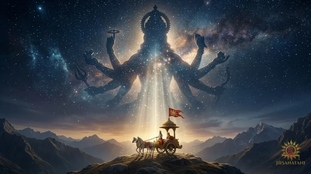 A tiny chariot on a mountain ridge rests beneath a vast cosmic divine form — Bhagavad Gita Summary 1.21-22 showing Witness Consciousness under Divine Grace.