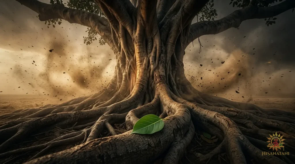 An ancient banyan tree stands unmoved in a dust storm, a symbol of Witness Consciousness in Bhagavad Gita Summary 1.21-22.