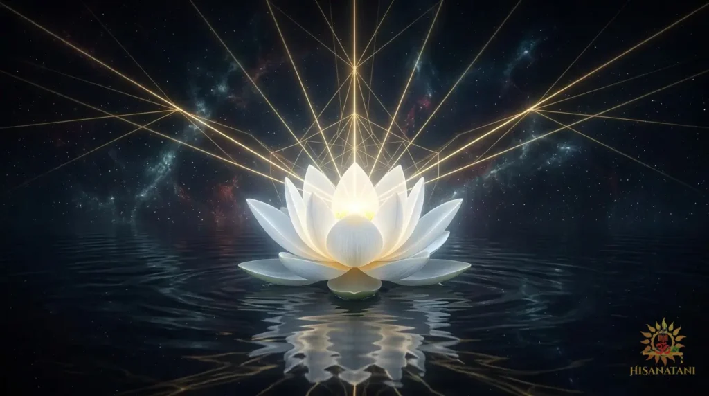 A glowing lotus receives converging beams of light on cosmic waters — Bhagavad Gita Summary 1.21-22 evoking Spiritual Awakening and sacred symmetry.