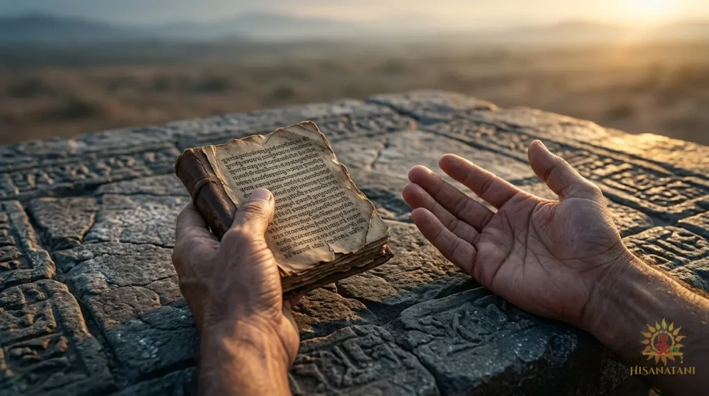 Hands holding an ancient manuscript and open palm on a stone table at dawn — Bhagavad Gita Summary 1.21-22 guiding daily Inner Clarity practice.
