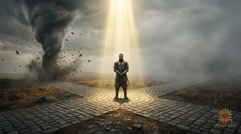 A warrior stands still in golden light at a crossroads amid chaos — Bhagavad Gita Summary 1.21-22 teaching Conscious Awareness and Stop Overthinking.