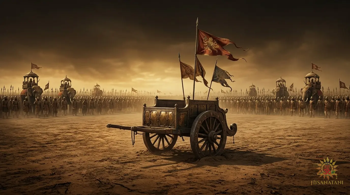 A battle-worn chariot with iron-rimmed wheels sits on cracked Kurukshetra earth — Bhagavad Gita Summary 1.21-22 in raw historical realism and Sacred Pause.