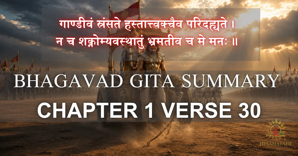 Arjuna's Gandiva slips from his trembling hand as Krishna stands serene beside him, illustrating Bhagavad Gita 1.30 Summary and Arjuna anxiety.