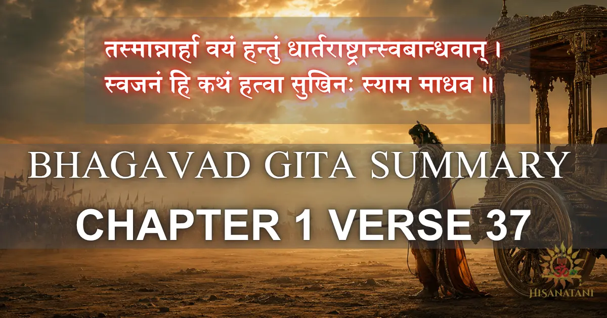 A lone warrior lowers his bow beside a chariot at dawn, facing a dust-shrouded army, capturing ethical leadership and conscience over conformity in this Bhagavad Gita 1.37 Summary.