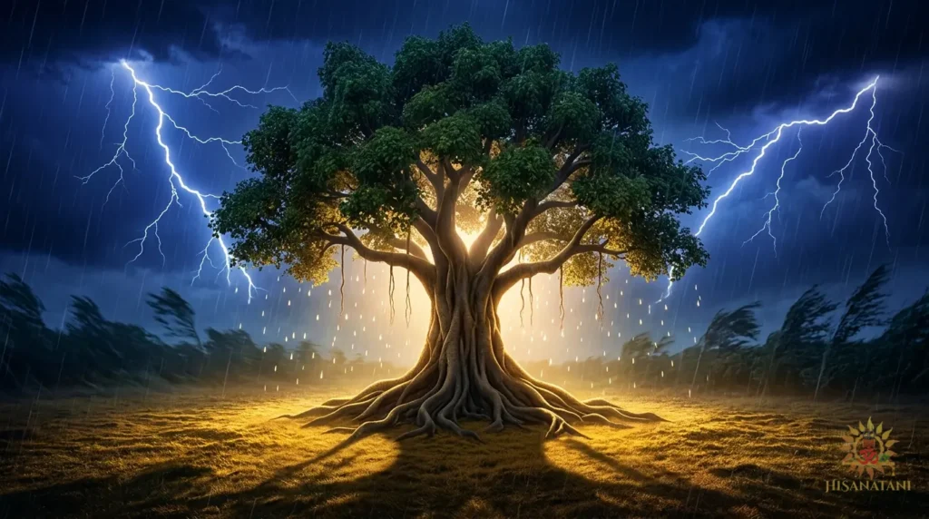 A colossal banyan tree stands unmoved at the center of a lightning storm, a Bhagavad Gita 1.23 Summary image of Dharma and Duty and finding shelter in spiritual rootedness.